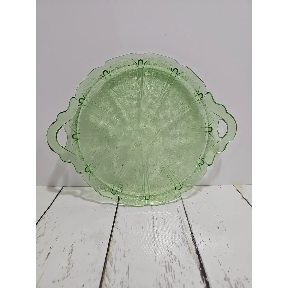 Jeanette Green Depression Glass  Cherry Blossom 2 Handled Cake Tray Plate